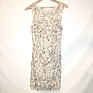Aidan Mattox Silver Cream Sequin and Lace Neutral Mini Cocktail Dress Size 6